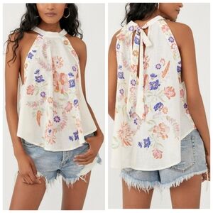 NWOT Free People Emily Floral Print Flowy Cotton Halter Tank Top, Sz Medium.